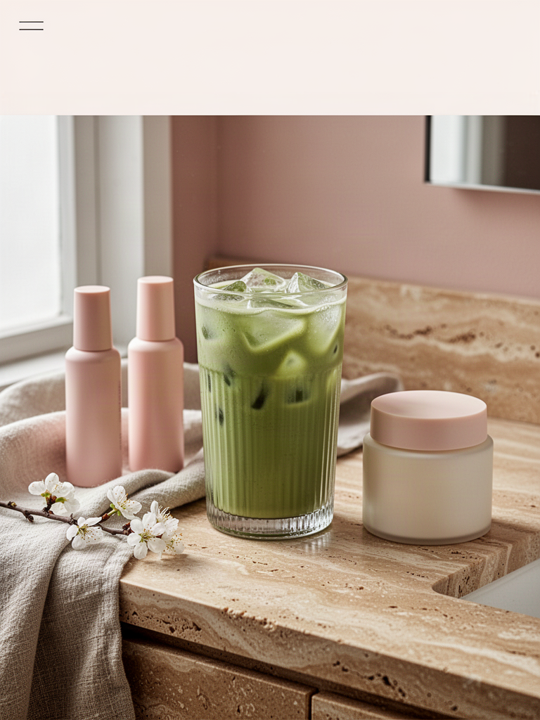 Iced matcha and curated blush and cream product styling
